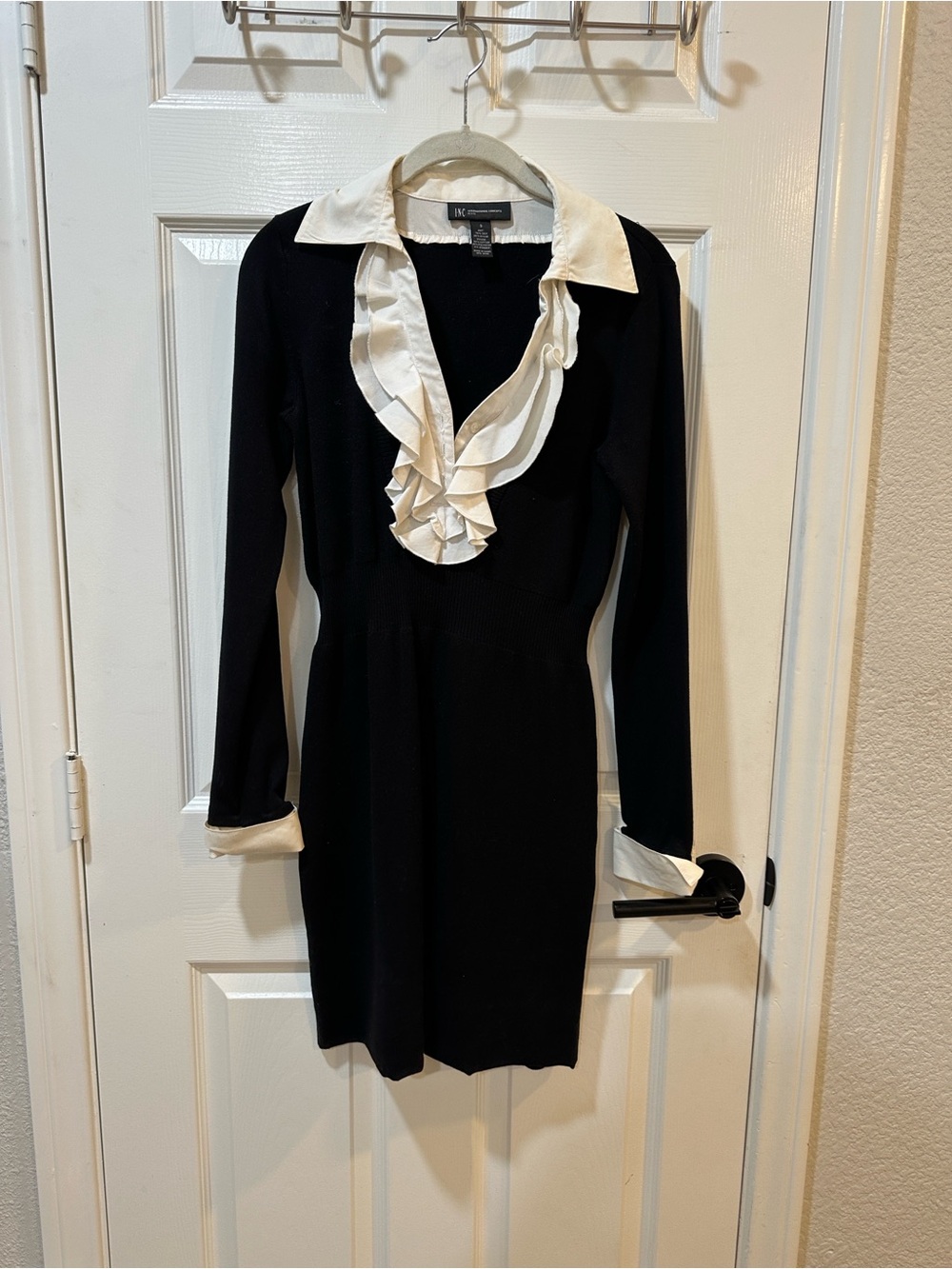 INC International Concepts Black Long-Sleeve Dress with White Ruffled Collar
